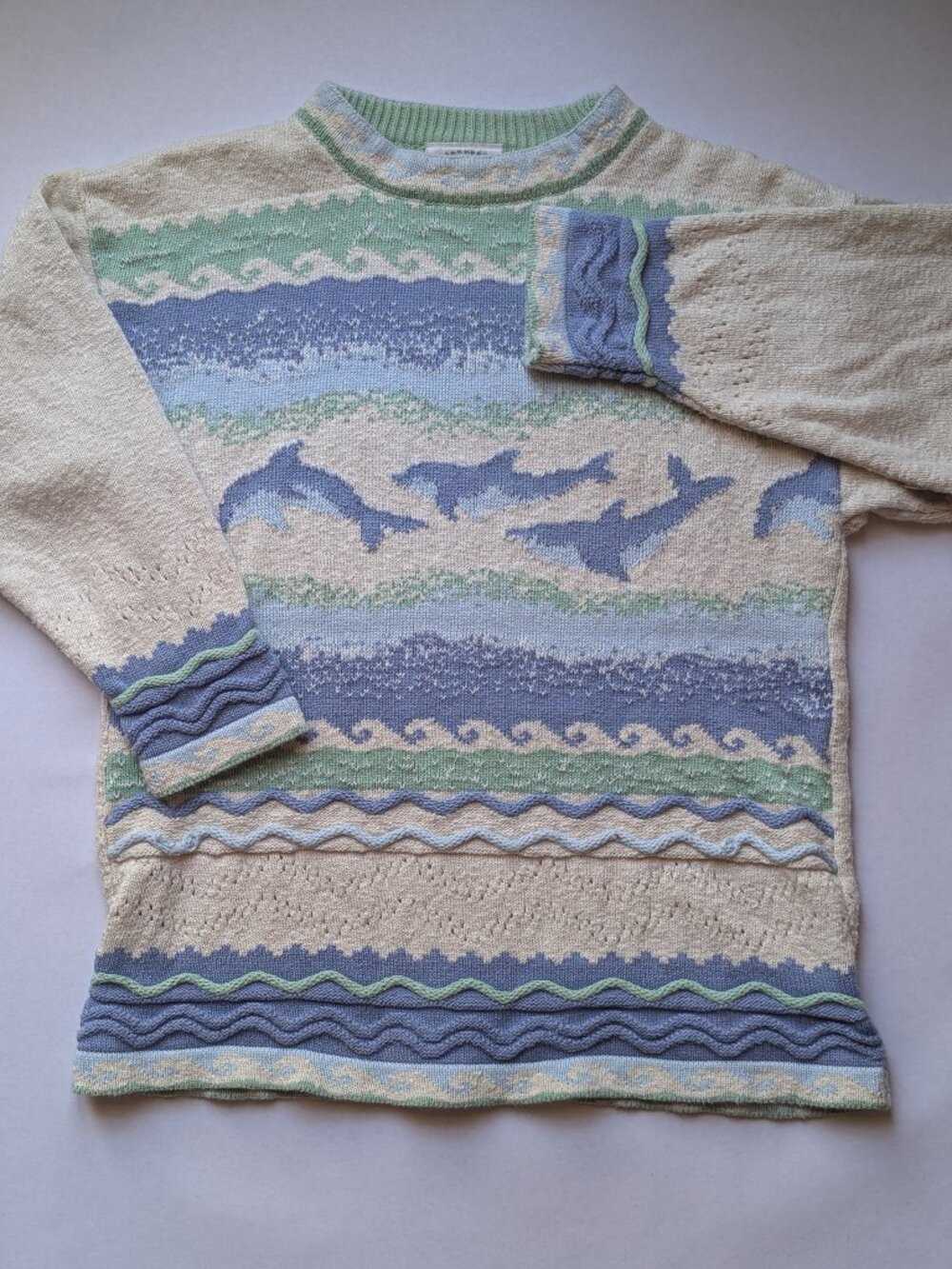 Vintage 90s Brand Concept "Dolphin Pod" White/Cream Crewneck Cotton Sweater
